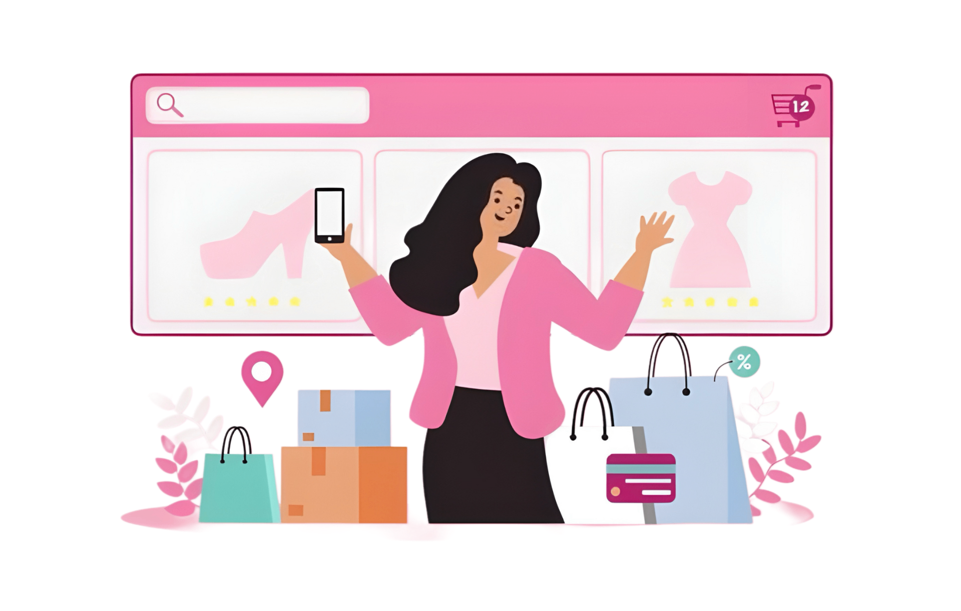 Иллюстрация возможностей для поставщиков: девушка управляет онлайн магазином с товарами и корзинами